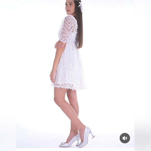 SM NWT Babydoll Dress Mesh with Petal shaped sequins Puff Sleeves - Picture 6 of 11